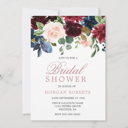 美しい赤面ピンクの花エレガントブライダルシャワー 招待状 (正面)