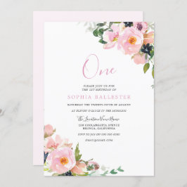 美しい赤面ピンクの花女の子1歳の誕生日 招待状