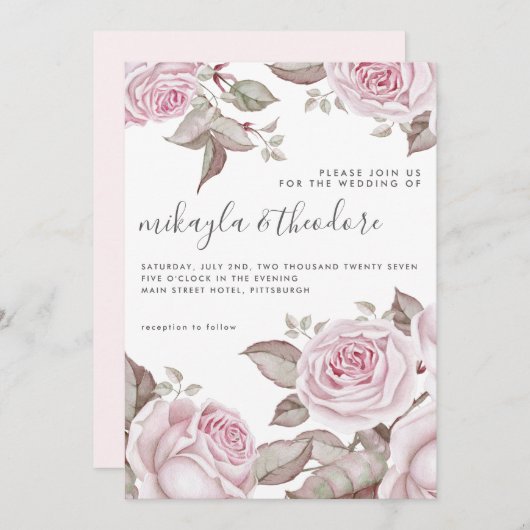 美しい赤面ピンクウォーターカラーバラ 招待状 (正面/裏面)