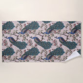 美しい赤面ピンクピーコックとマグノリアの花 ビーチタオル (正面)