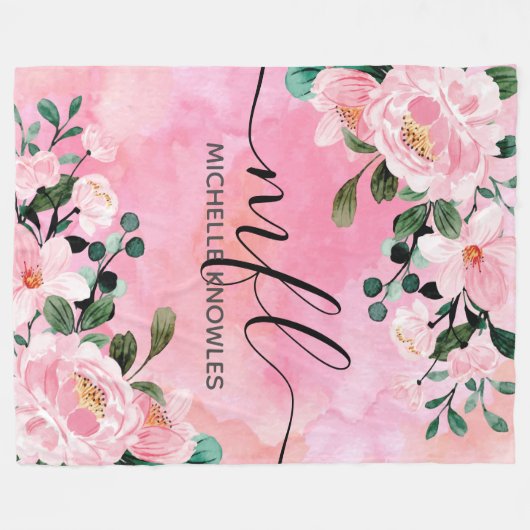 美しい赤面ピンクフローラトレンディースクリプトモノグラム フリースブランケット (正面(横))