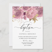 美しい赤面ピンクフローラ金ゴールドガールズバプテスマ 招待状 (正面)