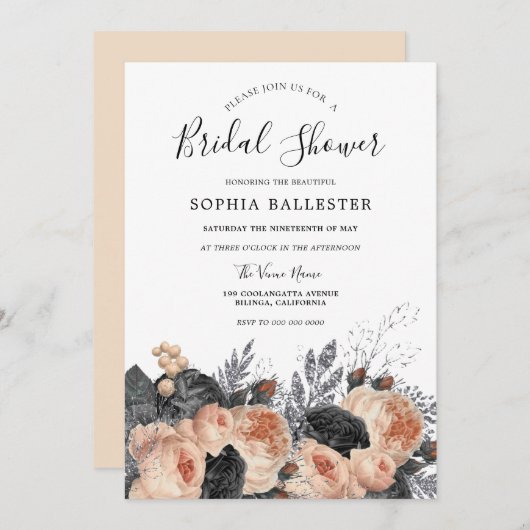 美しい赤面ピーチエレガントフローラブライダルシャワー 招待状 (正面/裏面)
