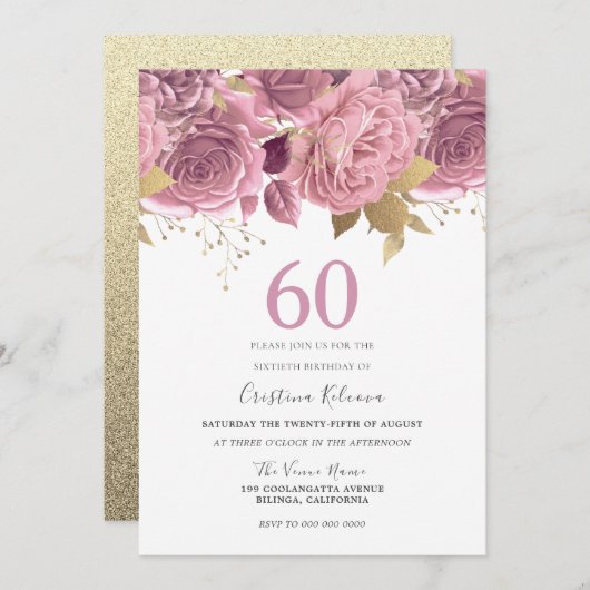 美しい赤面フローラと金ゴールド60th誕生日パーティー 招待状 (正面/裏面)