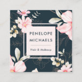 美しい赤面フローラとQRコードダークブルー スクエア名刺 (正面)