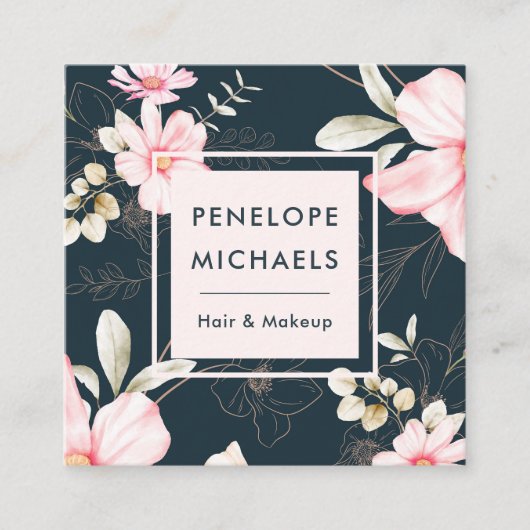 美しい赤面フローラとQRコードダークブルー スクエア名刺 (正面)