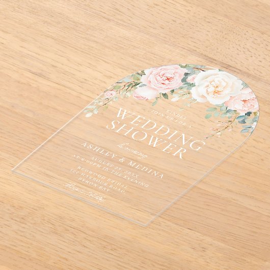美しい赤面フローラウェディングシャワー アクリル招待状 (レイダウン)