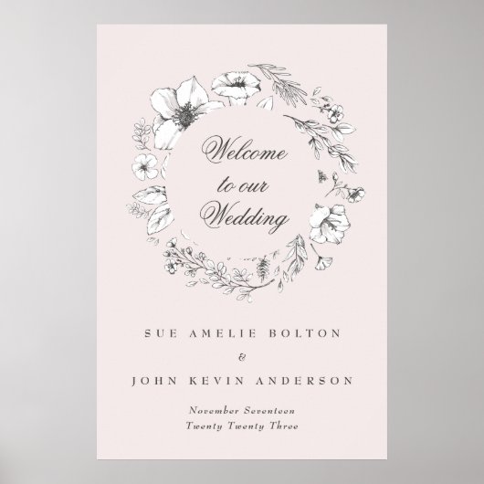 美しい赤面フローラモノグラムスケッチウェルカム ポスター (正面)