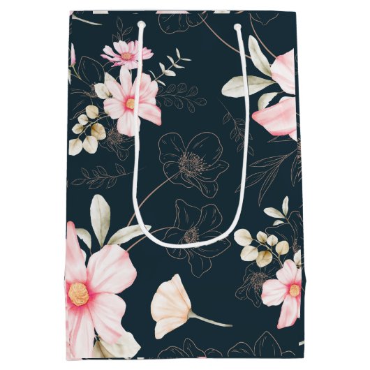 美しい赤面フローラルパターンブルー ミディアムペーパーバッグ (裏面)