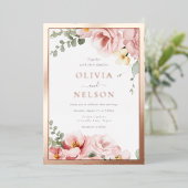 美しい赤面フローラ結婚ズダスティバラ金ゴールド 箔招待状 (立ち正面)