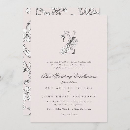 美しい赤面フローラ'Z'モノグラムスケッチ 招待状 (正面/裏面)