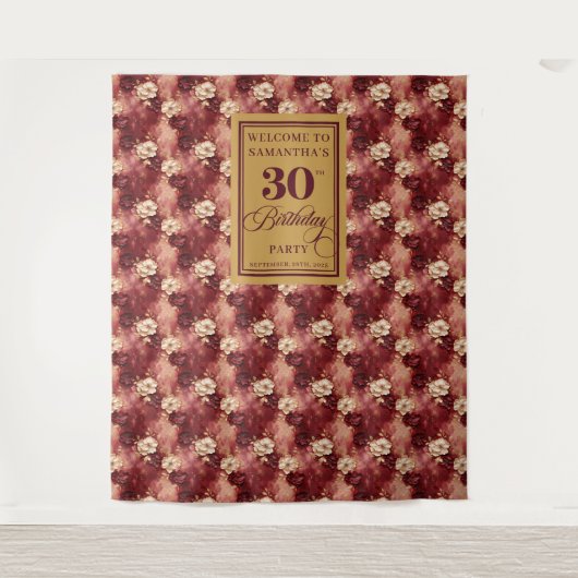 美しい赤面ブルゴーニュ金ゴールド30thバースデーバナー タペストリー (正面)