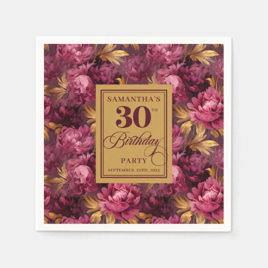 美しい赤面ブルゴーニュ金ゴールド30th誕生日パーティー スタンダードカクテルナプキン (正面)