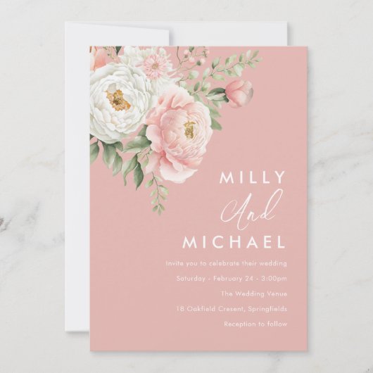 美しい赤面ボタニカル花模様結婚ズ 招待状 (正面)