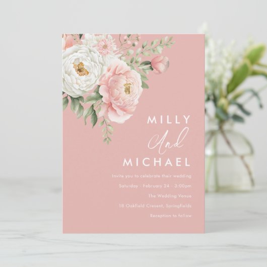 美しい赤面ボタニカル花模様結婚ズ 招待状 (スタンド正面)