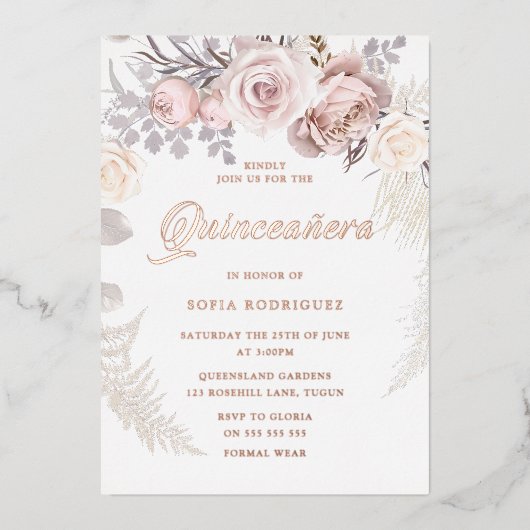 美しい赤面リースバラ金ゴールドキンセアニェラパーティー 箔招待状 (正面)