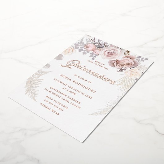 美しい赤面リースバラ金ゴールドキンセアニェラパーティー 箔招待状 (回転した状態)