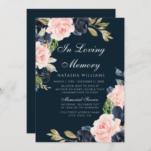 美しい赤面海軍の葬儀サービスのお知らせ 招待状 (正面/裏面)