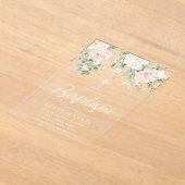 美しい赤面花ベビーガールズバプテスマ アクリル招待状 (レイダウン)