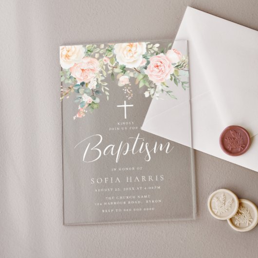 美しい赤面花ベビーガールズバプテスマ アクリル招待状