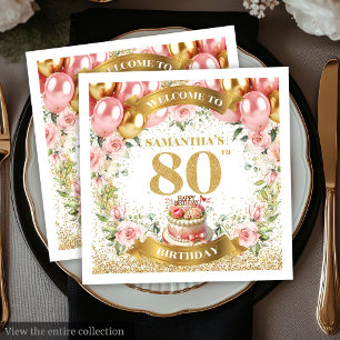 美しい赤面金ゴールドグリッター80th誕生日ナプキンス スタンダードカクテルナプキン