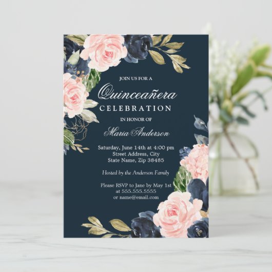 美しい赤面&ネイビーエレガントキンセアニェラパーティー 招待状 (スタンド正面)