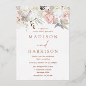 美しい赤面&ホワイトフローラ結婚のバラ金ゴールド 箔招待状 (正面)