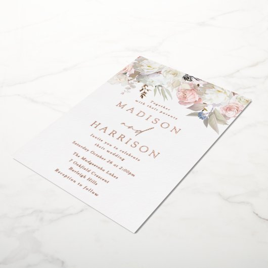 美しい赤面&ホワイトフローラ結婚のバラ金ゴールド 箔招待状 (回転した状態)