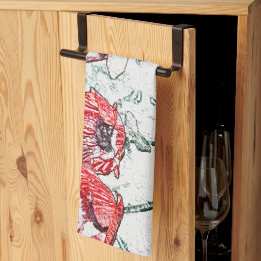 美しい赤3つのポピーな花のスケッチ キッチンタオル (三つ折り)