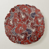 美しい赤、アイボリー、青のフローラデザイン ラウンドクッション (正面)
