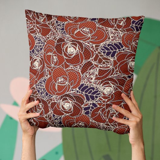 美しい赤、アイボリー、青フローラ クッション