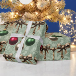 美しい赤+金+緑のクリスマスボールオーナメント ラッピングペーパー