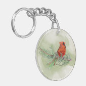 美しい赤(鳥)ショウジョウコウカンチョウ素朴の水色 キーホルダー (正面左)