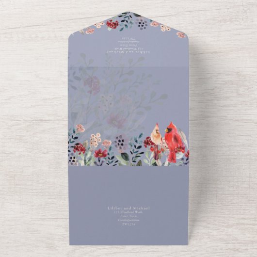 美しい赤(鳥)ショウジョウコウカンチョウ結婚の鳥 オールインワン招待状 (外側)