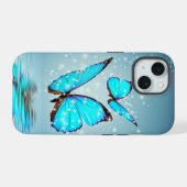 美しい輝く青い蝶 iPhone 15ケース (裏面横)