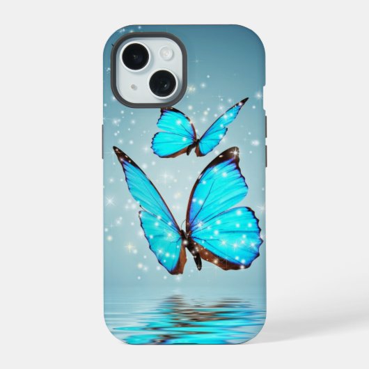 美しい輝く青い蝶 iPhone 15ケース (裏面)