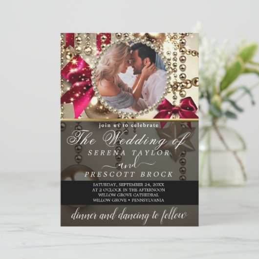 美しい輝エレガントかしい結婚写真を1つにまとめる 招待状 (スタンド正面)