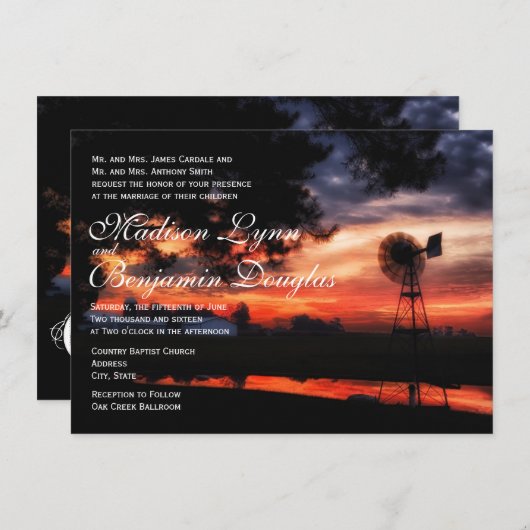 美しい農場の風車の日没の結婚式招待状 招待状 (正面/裏面)