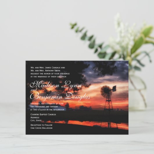 美しい農場の風車の日没の結婚式招待状 招待状 (スタンド正面)