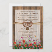 美しい野生の花が付いているモノグラムの木製のハート 招待状 (正面)