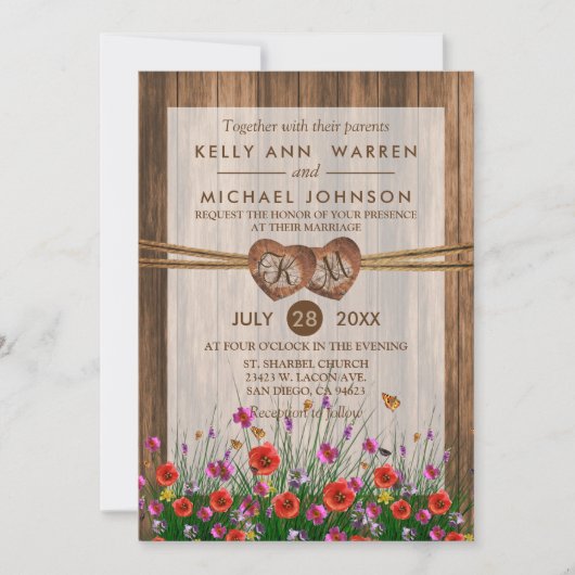 美しい野生の花が付いているモノグラムの木製のハート 招待状 (正面)