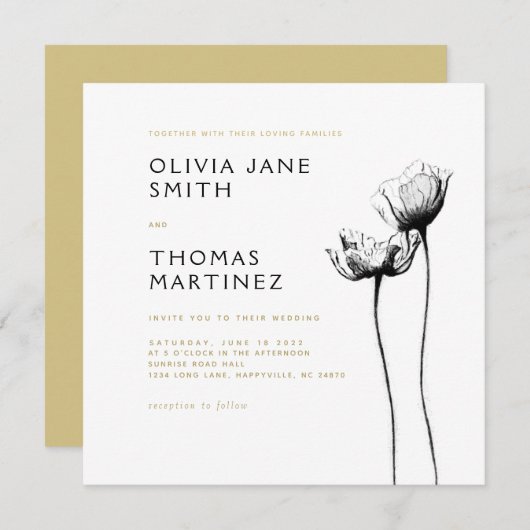 美しい野生素朴黒エレガントフローラ結婚ズ 招待状 (正面/裏面)