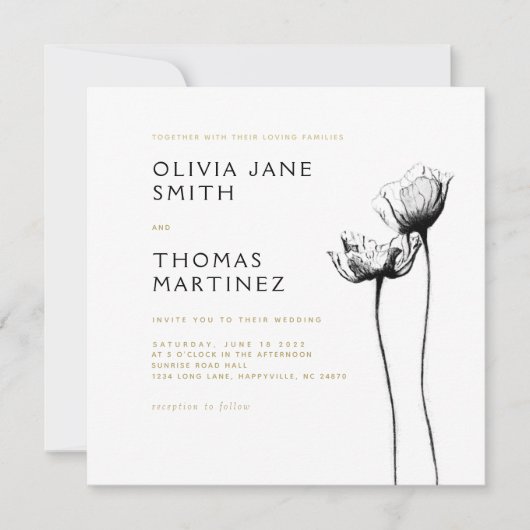 美しい野生素朴黒エレガントフローラ結婚ズ 招待状 (正面)