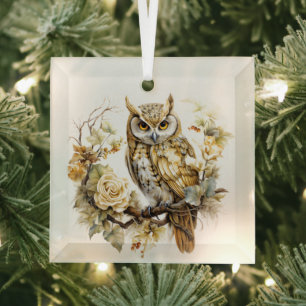 美しい金ゴールドと白いクリスマスフクロウのデザイン ガラスオーナメント