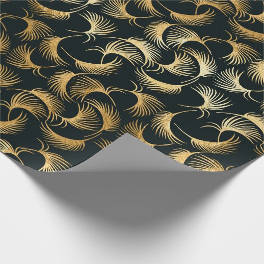 美しい金ゴールドと黒い熱帯葉の ラッピングペーパー (角)