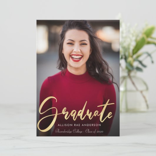 美しい金ゴールドの原稿の卒業の発表の写真 サンキューカード (スタンド正面)