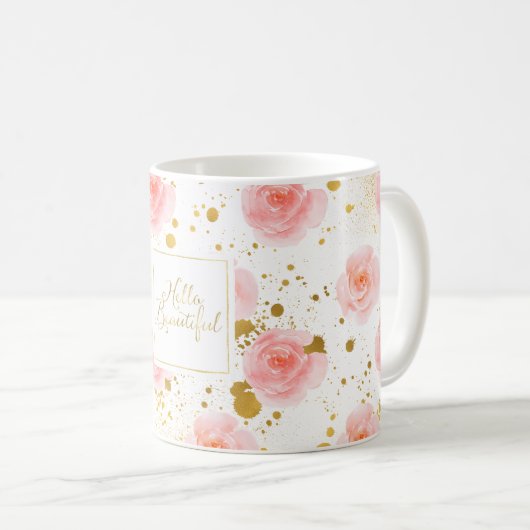 美しい金ゴールドの（ばちゃばちゃ）跳ねるのピンクのバラこんにちは コーヒーマグカップ (正面右)
