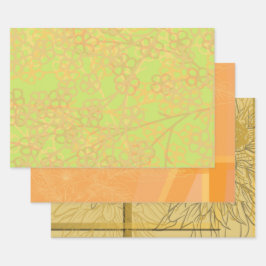 美しい金ゴールドオレンジ緑の花のパターン ラッピングペーパーシート