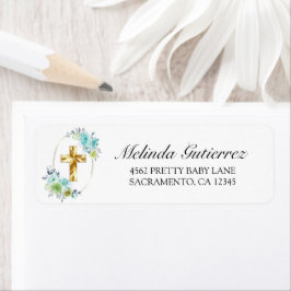 美しい金ゴールドクロスブルーフローラ男の赤ちゃんバプテスマ ラベル