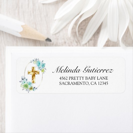 美しい金ゴールドクロスブルーフローラ男の赤ちゃんバプテスマ ラベル (インサイチュ)